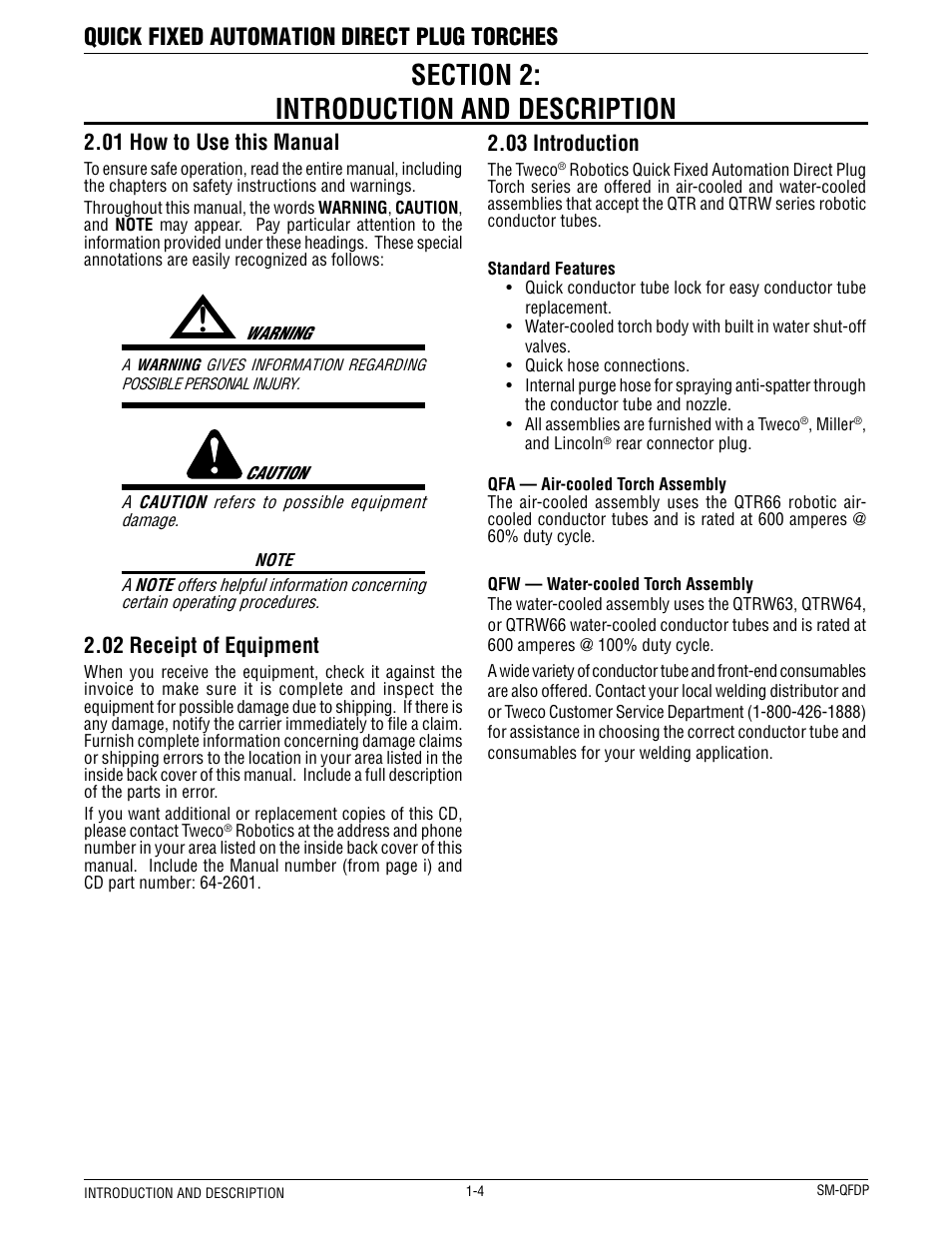 Quick fixed automation direct plug torches, 01 how to use this manual, 02 receipt of equipment | 03 introduction | Tweco QFW600 User Manual | Page 8 / 18