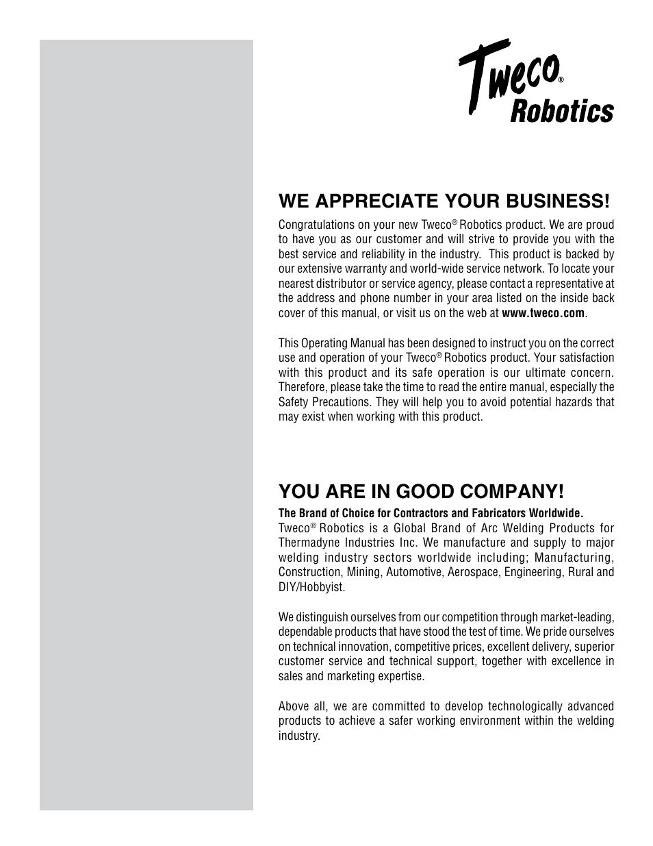 You are in good company, We appreciate your business, Cc dc | Tweco QRC-2000 User Manual | Page 2 / 26