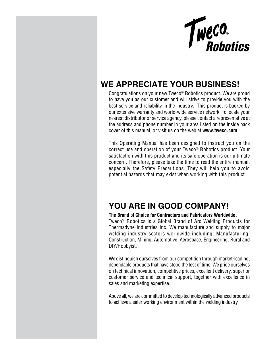 You are in good company, We appreciate your business | Tweco QRM-100 User Manual | Page 2 / 16
