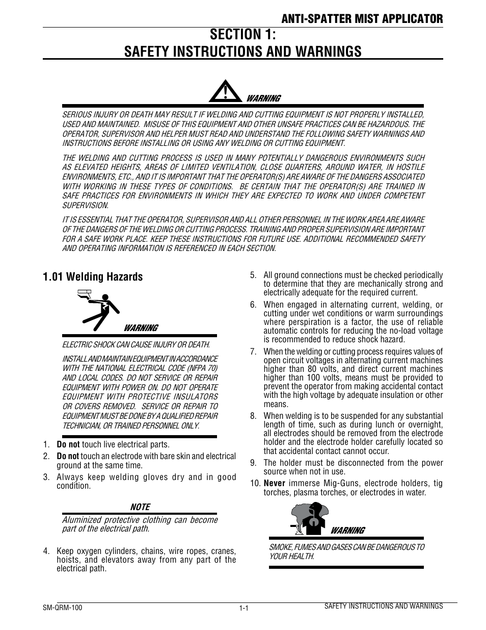 Anti-spatter mist applicator, 01 welding hazards | Tweco QRM-100 User Manual | Page 5 / 16