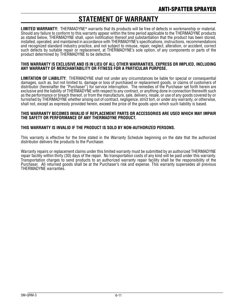 Statement of warranty, Anti-spatter sprayer | Tweco QRM-3 Anti-Spatter Sprayer User Manual | Page 15 / 18
