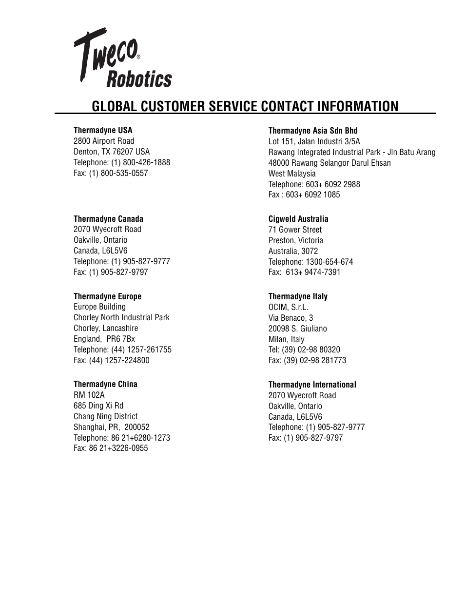 Global customer service contact information | Tweco QRM-3 Anti-Spatter Sprayer User Manual | Page 17 / 18