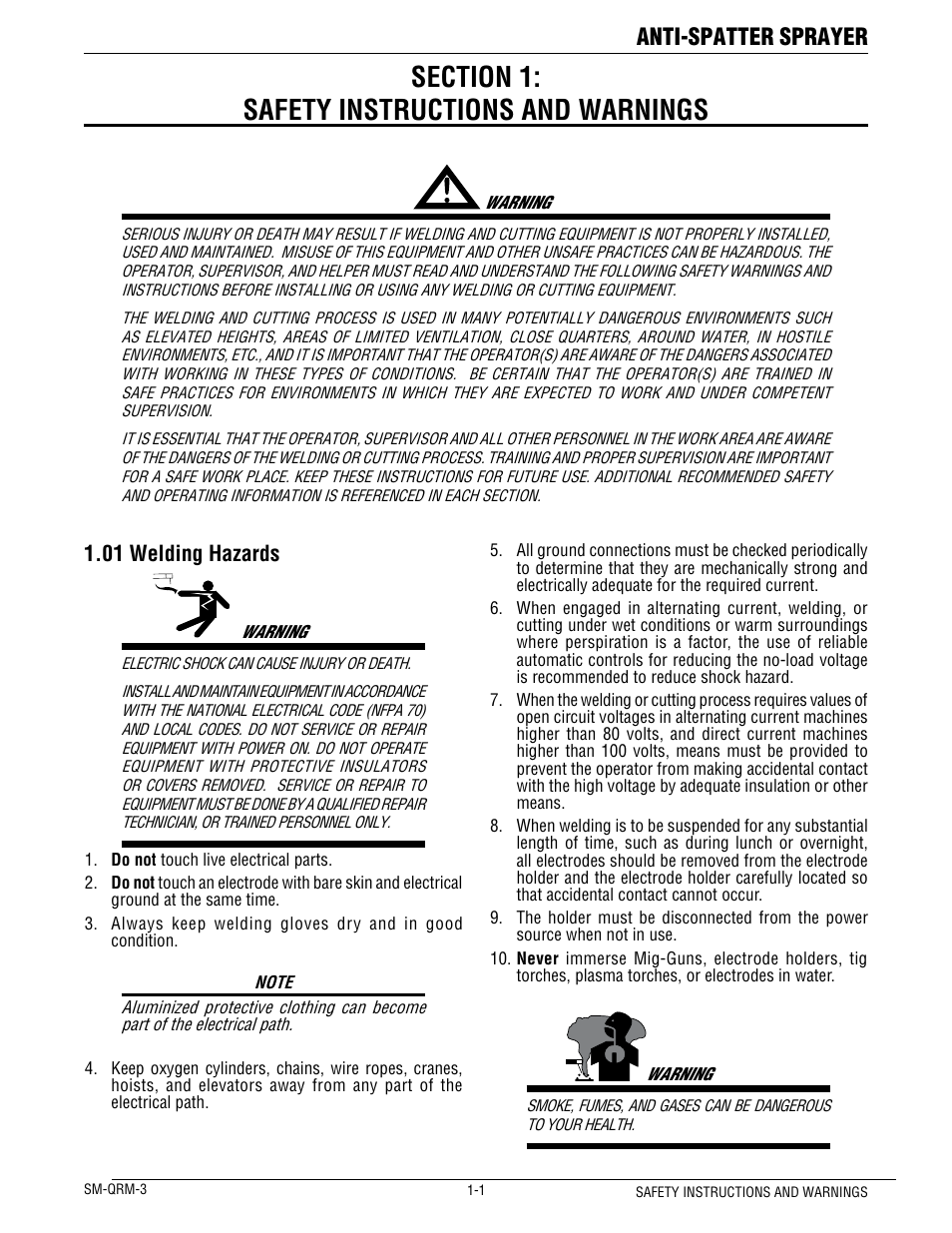 Anti-spatter sprayer, 01 welding hazards | Tweco QRM-3 Anti-Spatter Sprayer User Manual | Page 5 / 18
