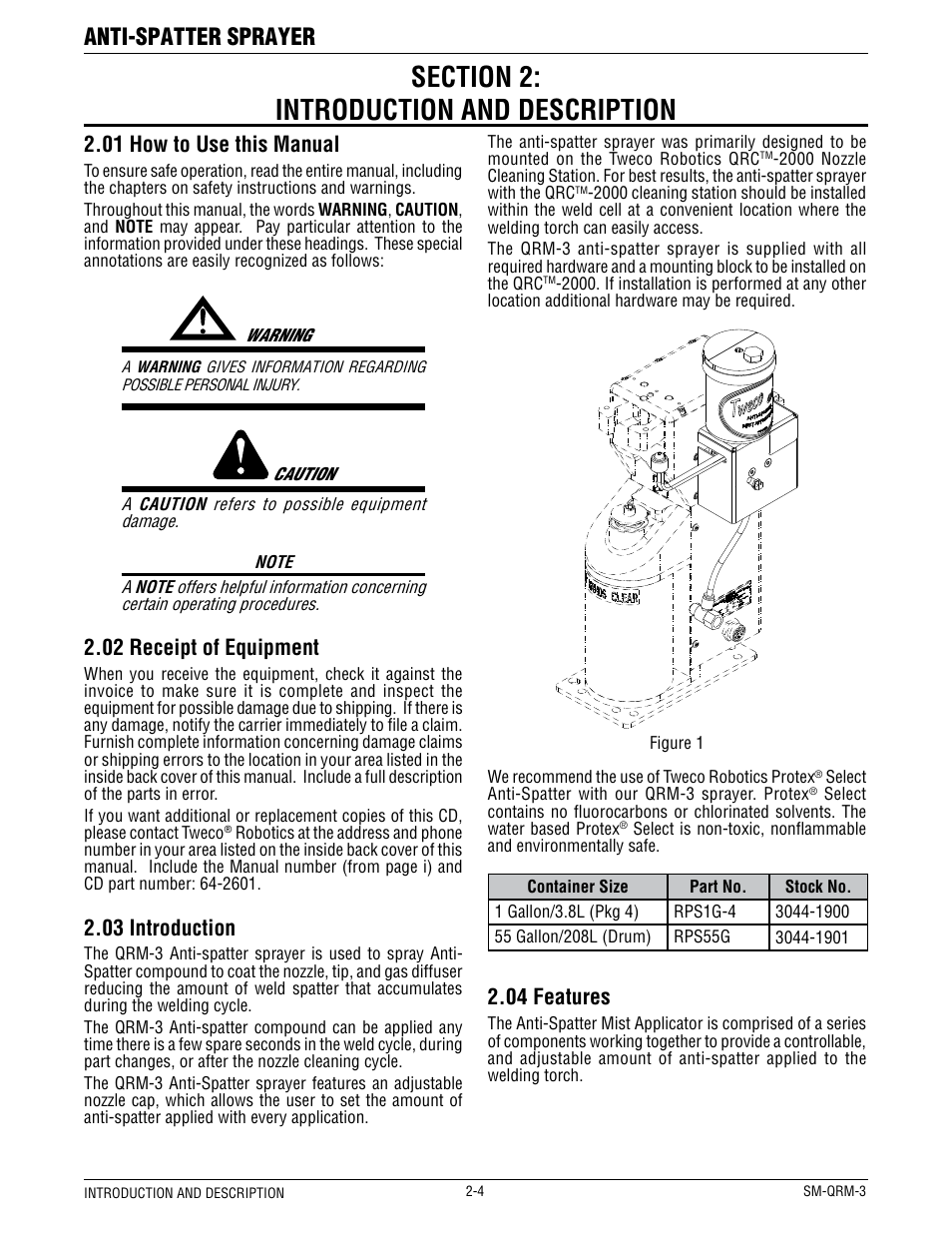 Anti-spatter sprayer, 01 how to use this manual, 02 receipt of equipment | 03 introduction, 04 features | Tweco QRM-3 Anti-Spatter Sprayer User Manual | Page 8 / 18