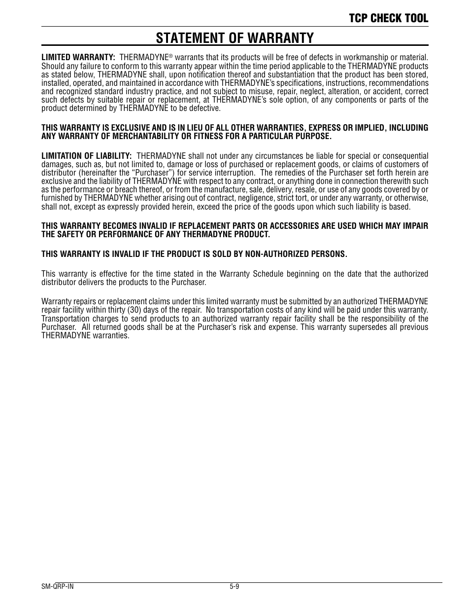 Statement of warranty, Tcp check tool | Tweco QRP-IN TCP Check Tool User Manual | Page 11 / 14