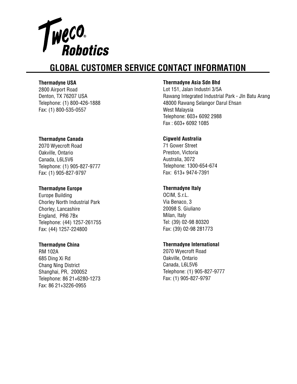 Global customer service contact information | Tweco QRP-IN TCP Check Tool User Manual | Page 13 / 14
