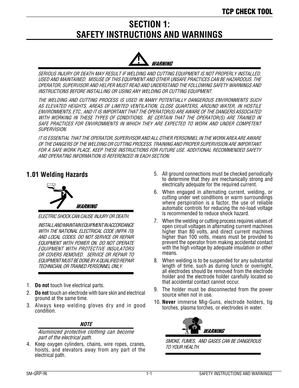 Tcp check tool, 01 welding hazards | Tweco QRP-IN TCP Check Tool User Manual | Page 5 / 14