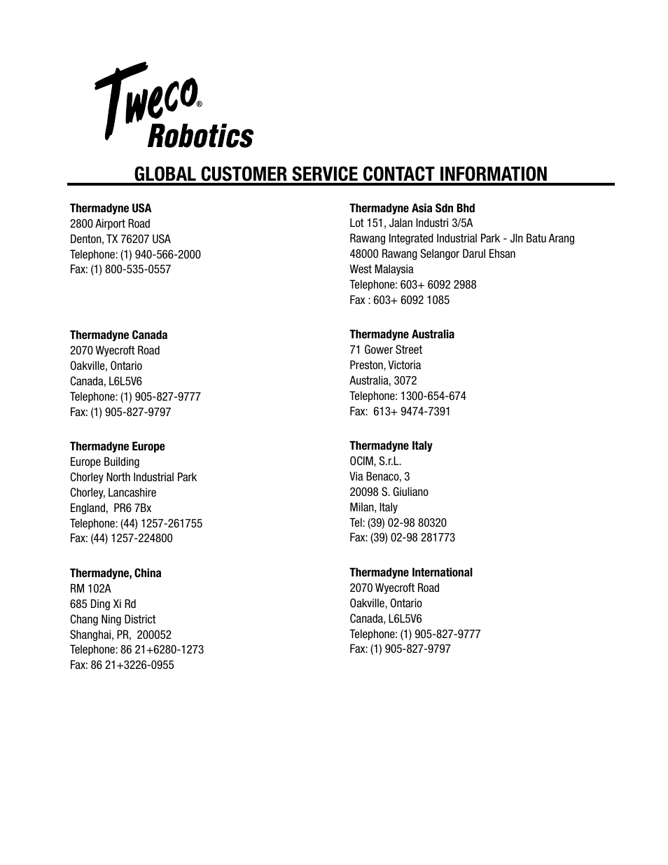 Global customer service contact information | Tweco Quick Fixed User Manual | Page 26 / 27
