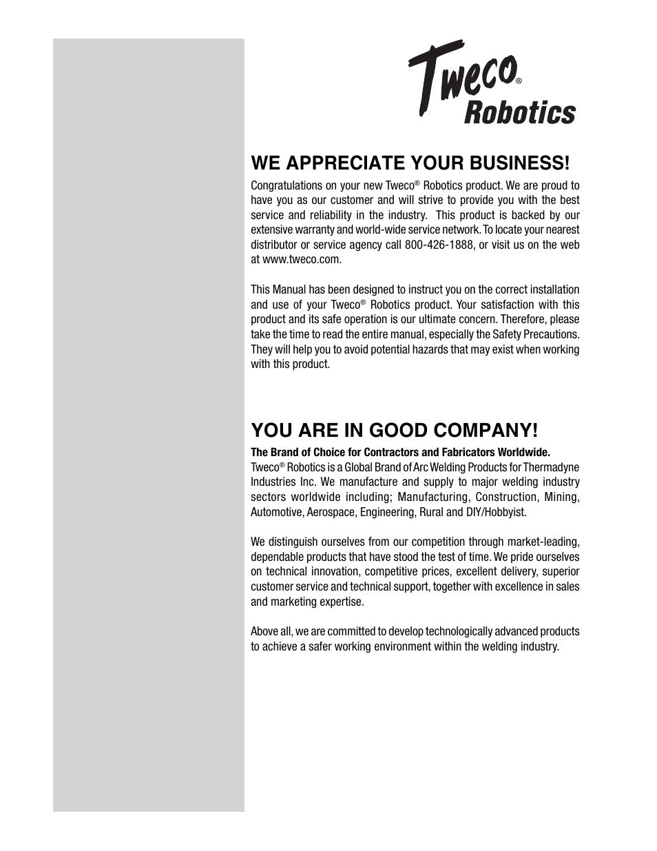 We appreciate your business, You are in good company | Tweco Quick Robotic Torch User Manual | Page 2 / 40