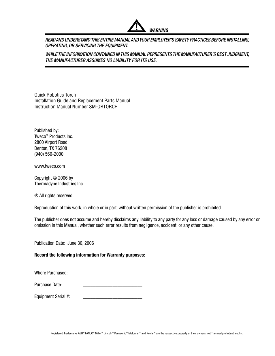Tweco Quick Robotic Torch User Manual | Page 3 / 40