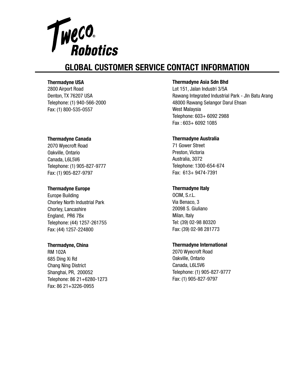 Global customer service contact information | Tweco Quick Robotic Torch User Manual | Page 39 / 40