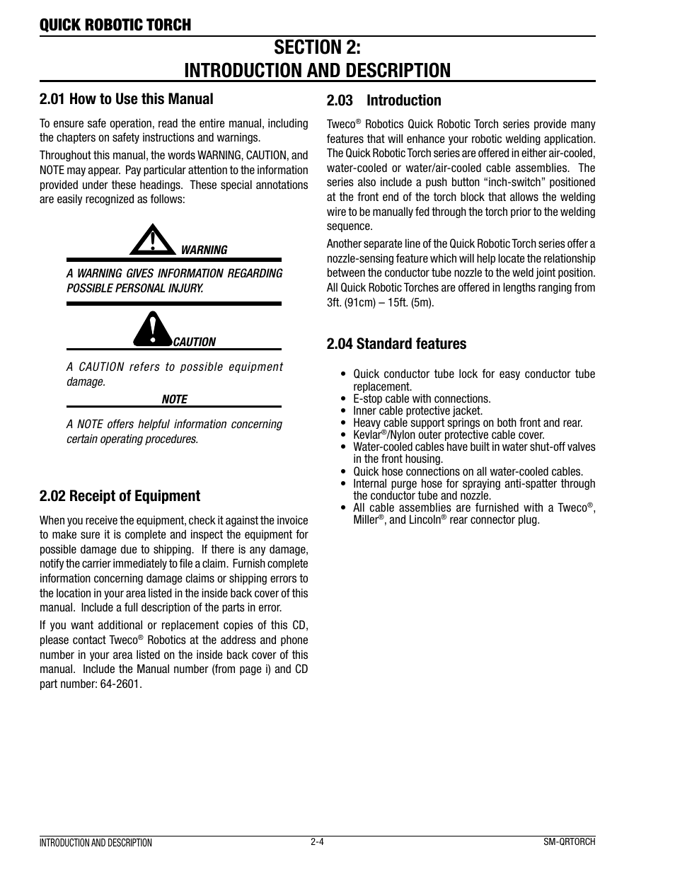 Quick robotic torch, 01 how to use this manual, 02 receipt of equipment | 03 introduction, 04 standard features | Tweco Quick Robotic Torch User Manual | Page 8 / 40
