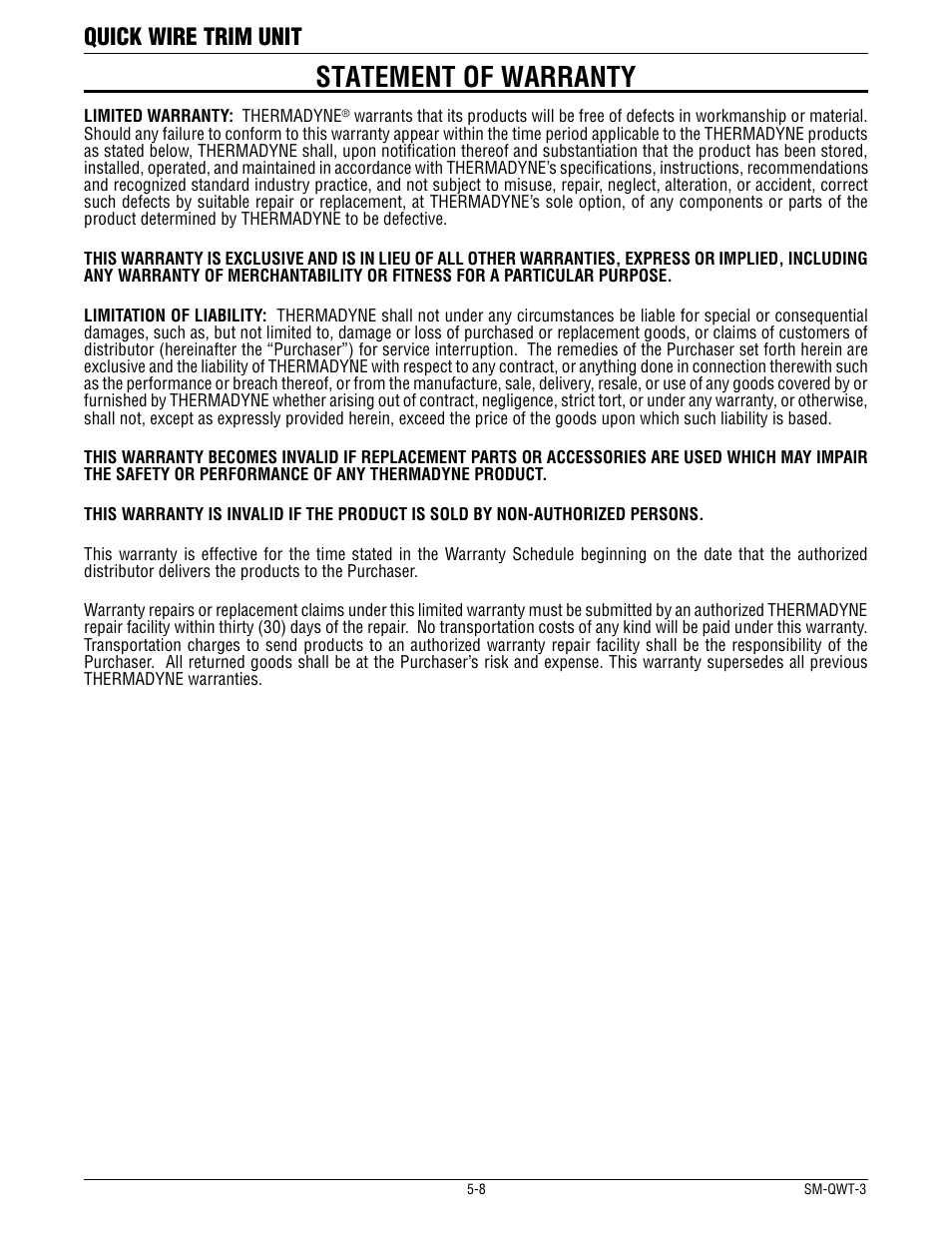 Statement of warranty, Quick wire trim unit | Tweco QWT-3 Quick Wire Trim Unit User Manual | Page 12 / 16