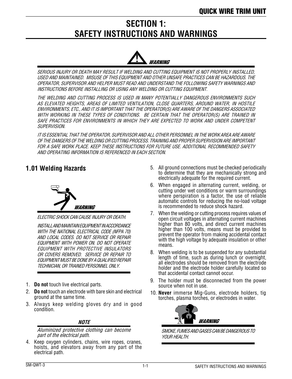 Quick wire trim unit, 01 welding hazards | Tweco QWT-3 Quick Wire Trim Unit User Manual | Page 5 / 16