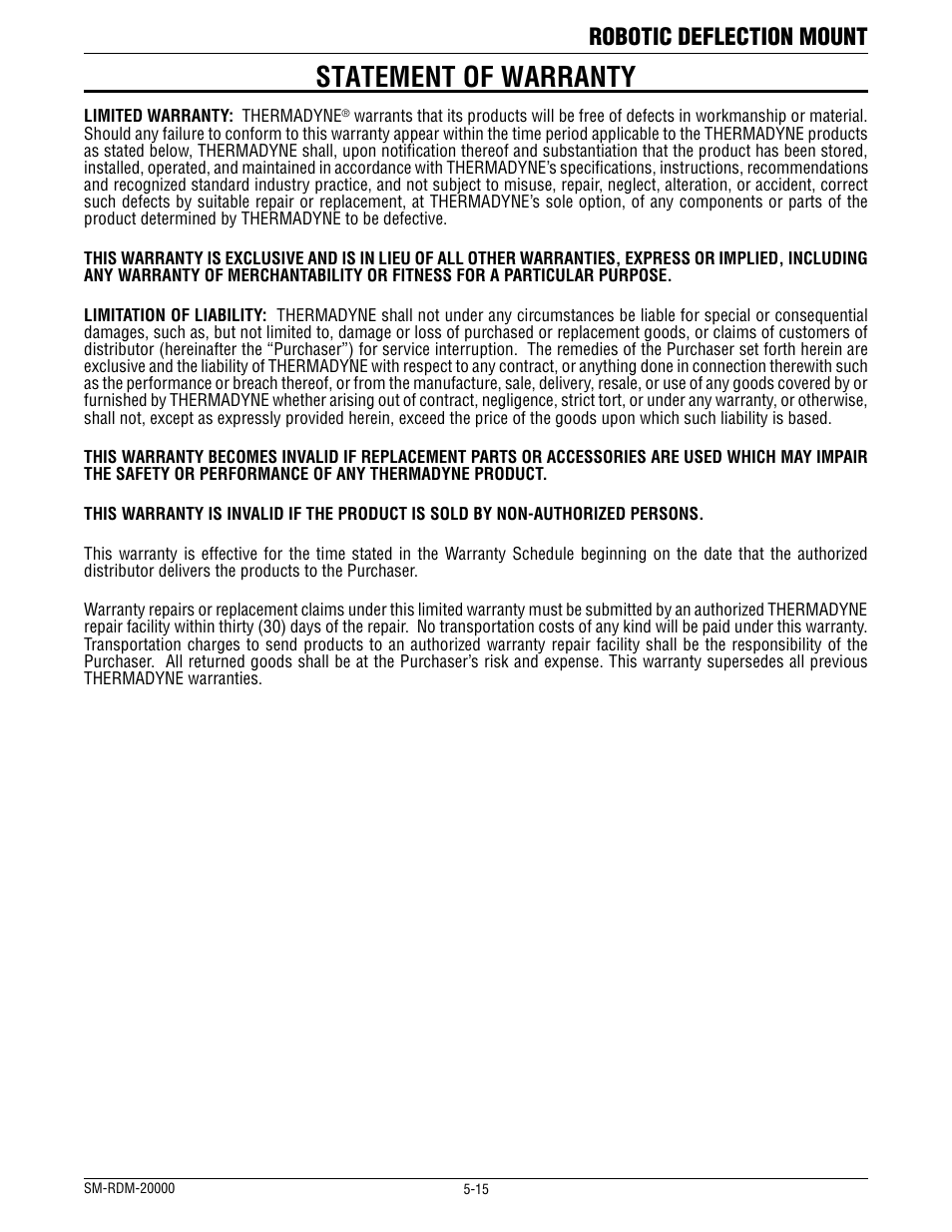 Statement of warranty, Robotic deflection mount | Tweco RDM-2000 User Manual | Page 19 / 22
