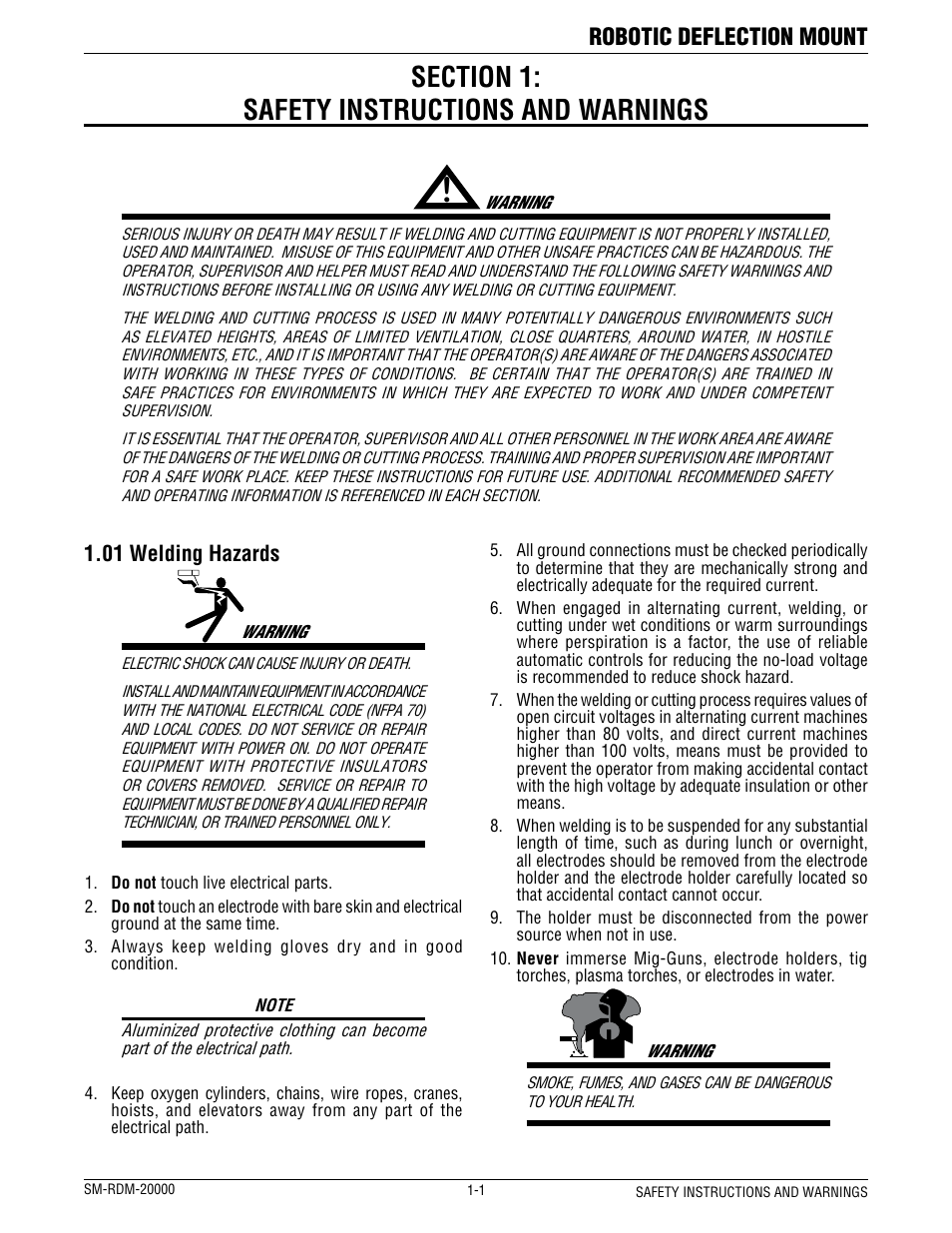 Robotic deflection mount, 01 welding hazards | Tweco RDM-2000 User Manual | Page 5 / 22