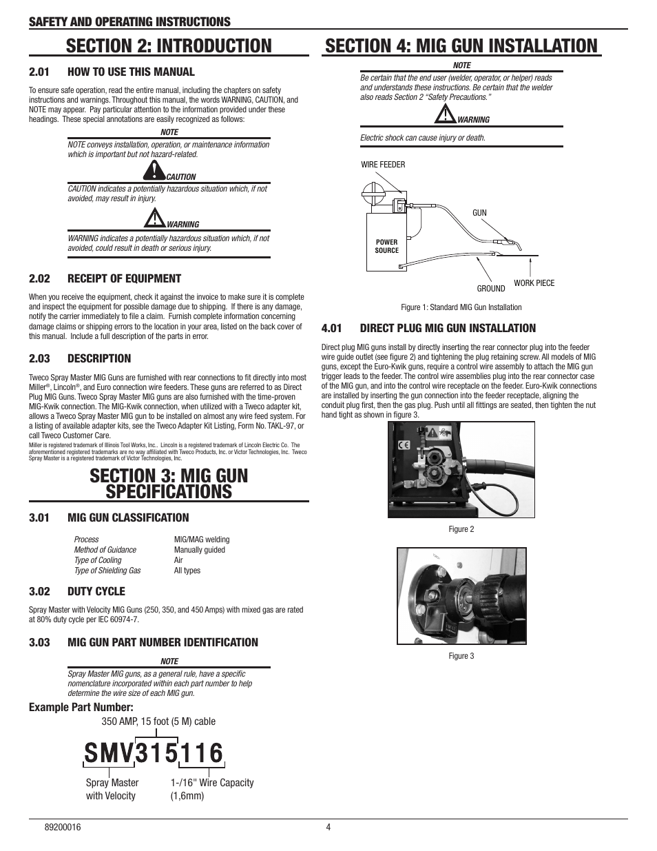 Section 2: introduction, 01 how to use this manual, 02 receipt of equipment | 03 description, Section 3: mig gun specifications, 01 mig gun classification, 02 duty cycle, 03 mig gun part number identification, Section 4: mig gun installation, 01 direct plug mig gun installation | Tweco SprayMaster with Velocity Consumables MIG Gun User Manual | Page 6 / 12