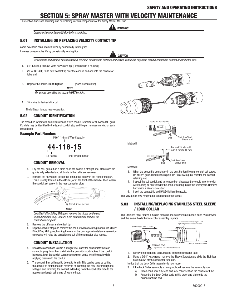 Section 5: spray master with velocity maintenance, 01 installing or replacing velocity contact tip, 02 conduit identification | Conduit removal, Conduit installation, 03 installing/replacing stainless steel sleeve, Installing or replacing velocity contact tip, Installing/replacing stainless steel sleeve, Safety and operating instructions, Example part number | Tweco SprayMaster with Velocity Consumables MIG Gun User Manual | Page 7 / 12