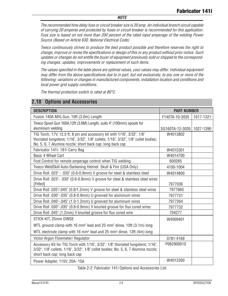 10 options and accessories, Options and accessories -5, Fabricator 141i | Tweco Fabricator 141i Operating Manual User Manual | Page 29 / 104