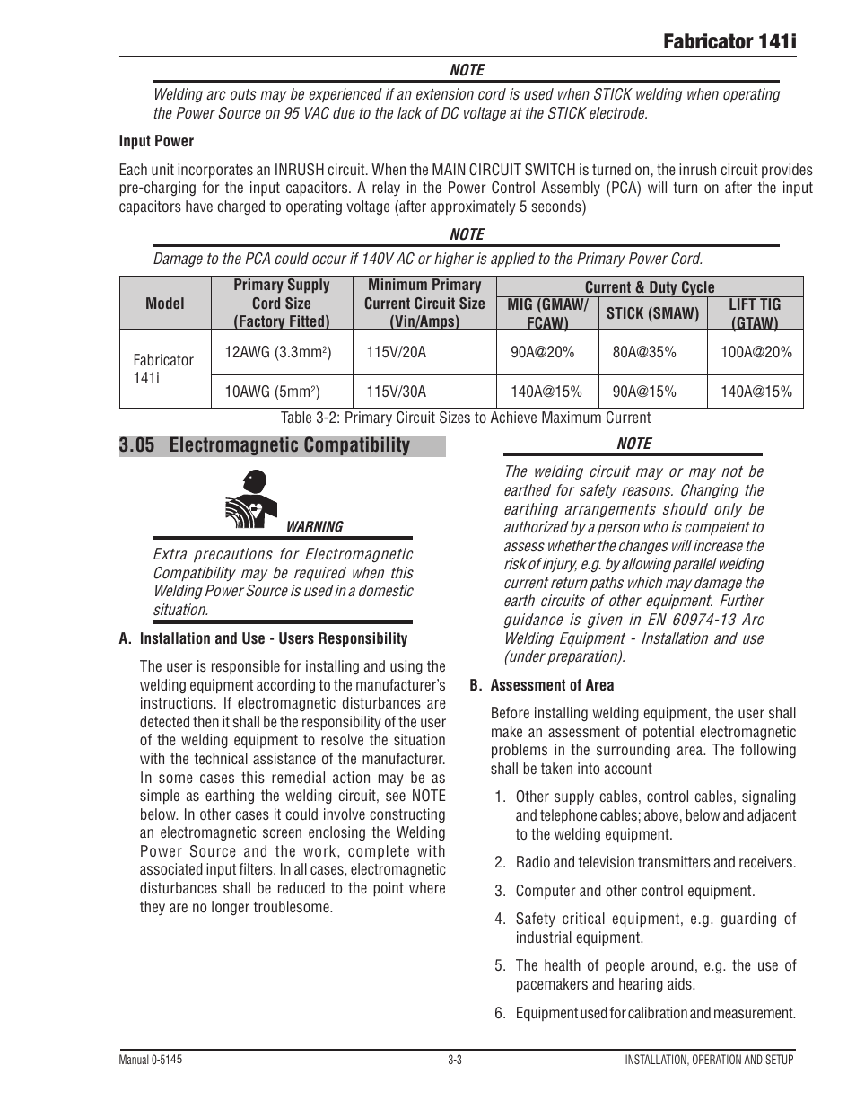 05 electromagnetic compatibility, Electromagnetic compatibility -3, Fabricator 141i | Tweco Fabricator 141i Operating Manual User Manual | Page 33 / 104