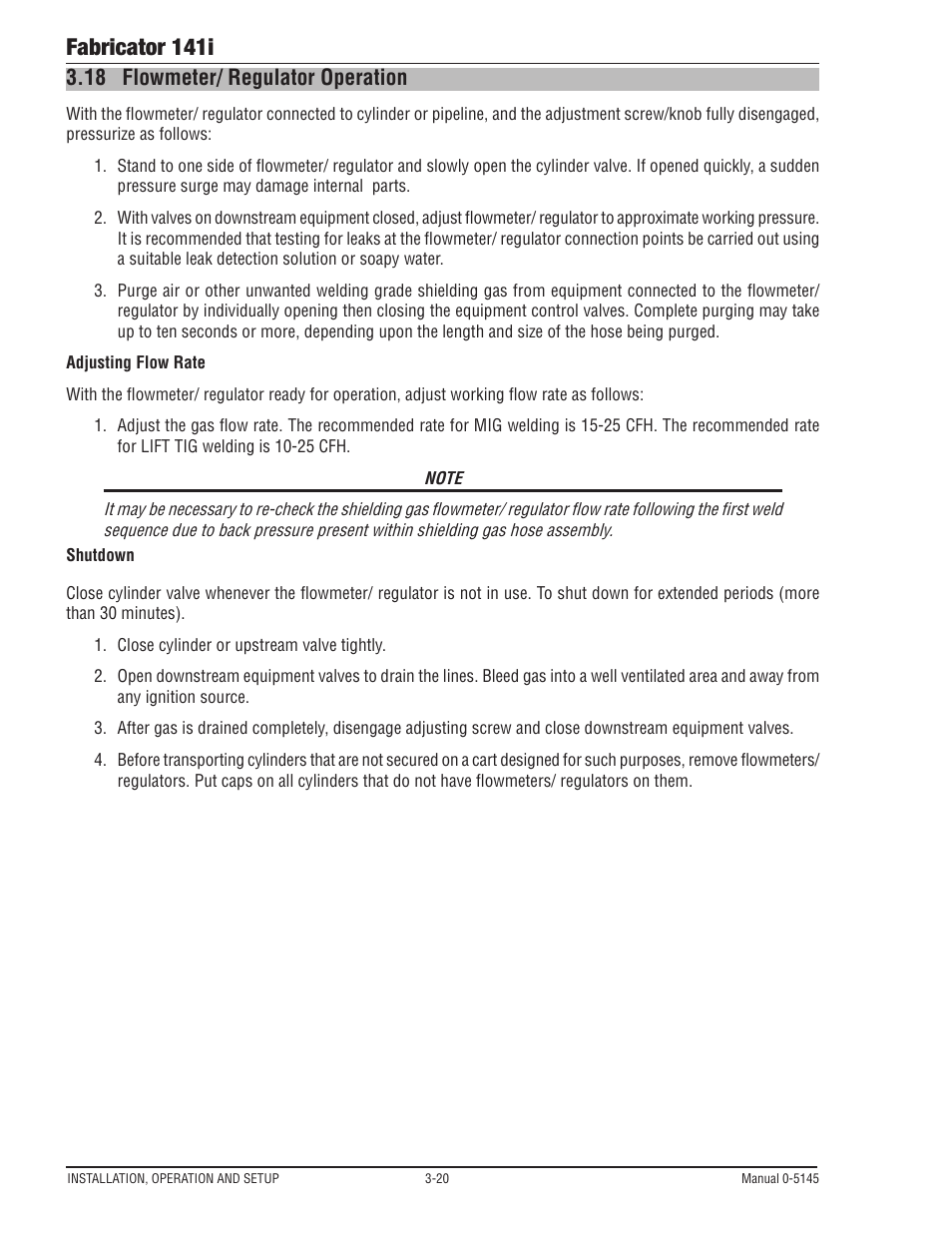 18 flowmeter/ regulator operation, Flowmeter/ regulator operation -20, Fabricator 141i | Tweco Fabricator 141i Operating Manual User Manual | Page 50 / 104