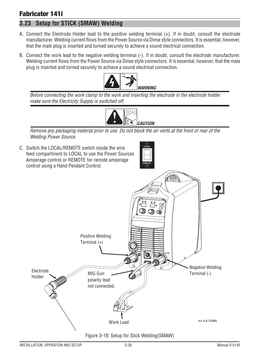 23 setup for stick (smaw) welding, Setup for stick (smaw) welding -28, Fabricator 141i | Tweco Fabricator 141i Operating Manual User Manual | Page 58 / 104