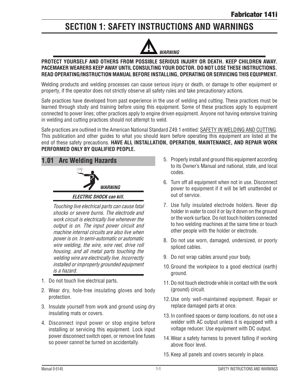 Section 1: safety instructions and warnings, 01 arc welding hazards, Section 1: safety instructions and warnings -1 | Arc welding hazards -1, Fabricator 141i | Tweco Fabricator 141i Operating Manual User Manual | Page 7 / 104