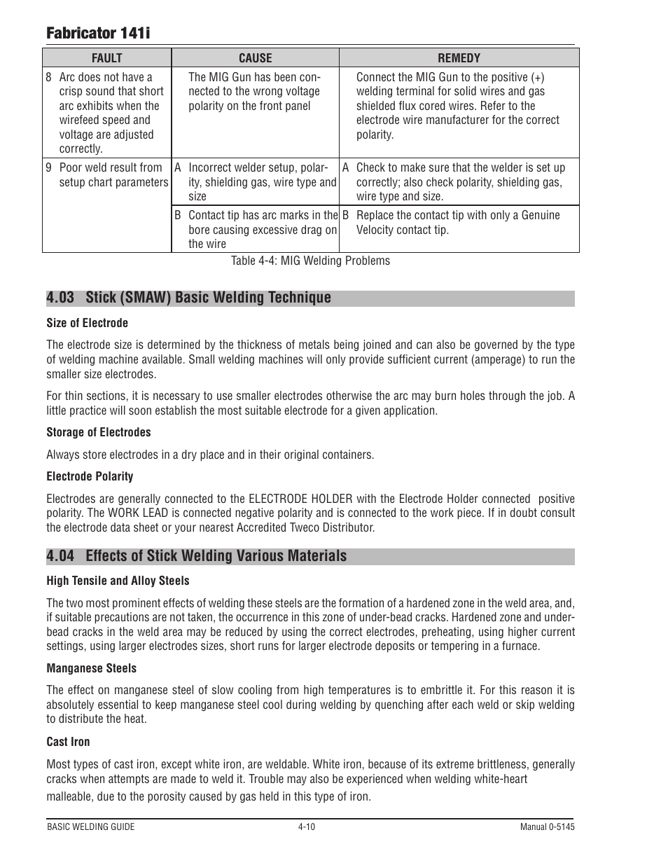 03 stick (smaw) basic welding technique, 04 effects of stick welding various materials, Stick (smaw) basic welding technique -10 | Effects of stick welding various materials -10, Fabricator 141i | Tweco Fabricator 141i Operating Manual User Manual | Page 70 / 104