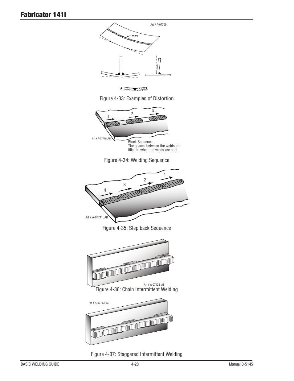 Fabricator 141i, Figure 4-33: examples of distortion, Figure 4-34: welding sequence | Figure 4-35: step back sequence, Figure 4-36: chain intermittent welding, Figure 4-37: staggered intermittent welding | Tweco Fabricator 141i Operating Manual User Manual | Page 80 / 104