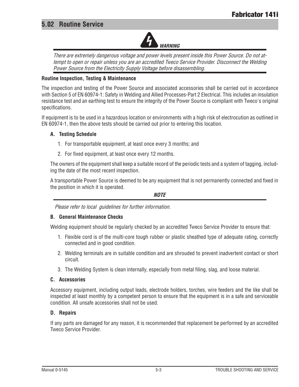 02 routine service, Routine service -3, Fabricator 141i | Tweco Fabricator 141i Operating Manual User Manual | Page 89 / 104