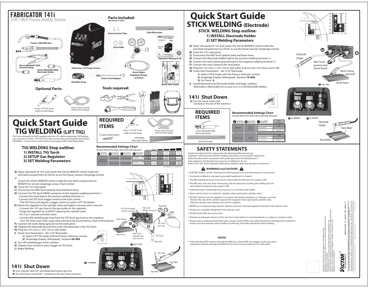 Quick start guide, Tig welding, Stick welding | Fabricator 141i, High purity and instrumentation, 141i shut down, Required items, Lift tig), Safety statements required items, Electrode) | Tweco Fabricator 141i Quick Start User Manual | Page 2 / 2
