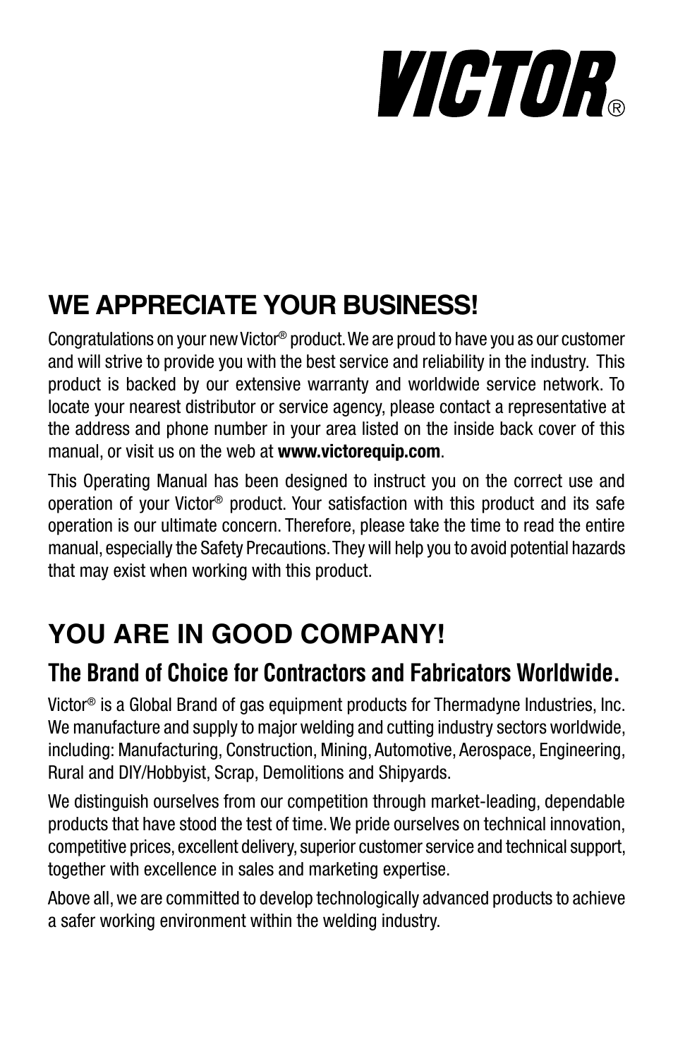 We appreciate your business, You are in good company | Tweco Victor Torch Handles,Cutting Attachments User Manual | Page 2 / 94