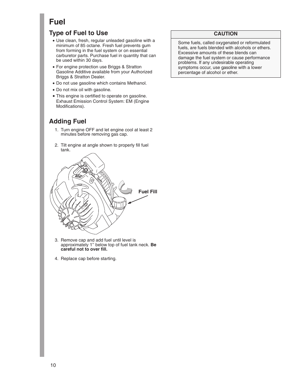 Fuel, Type of fuel to use, Adding fuel | Briggs & Stratton 21000 User Manual | Page 10 / 20