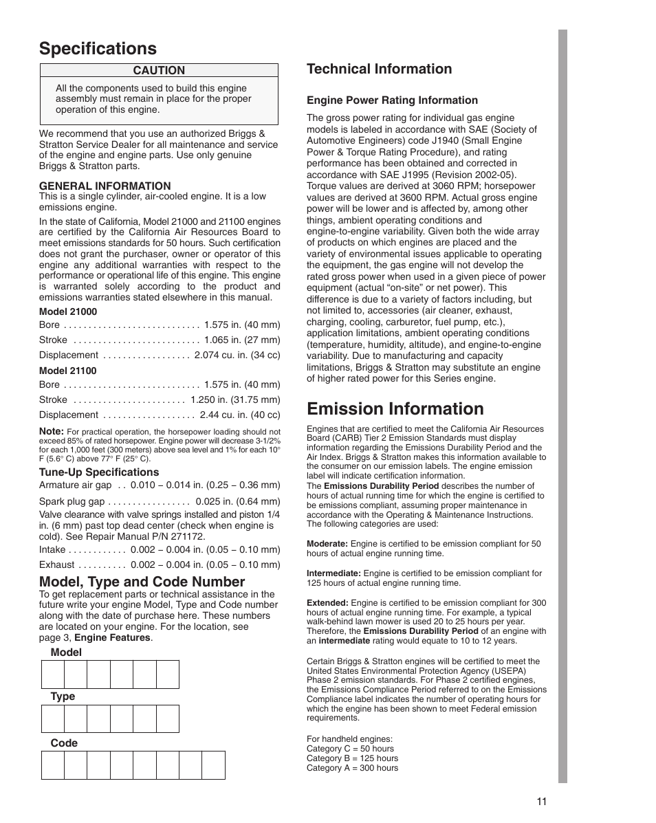 Specifications, Emission information, Model, type and code number | Technical information | Briggs & Stratton 21000 User Manual | Page 11 / 20