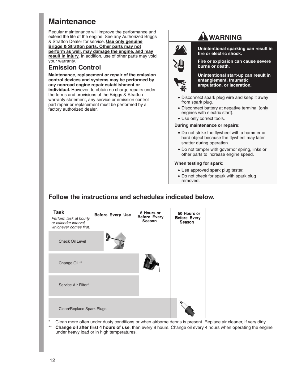 Maintenance, Warning, Emission control | Briggs & Stratton 21000 User Manual | Page 12 / 20