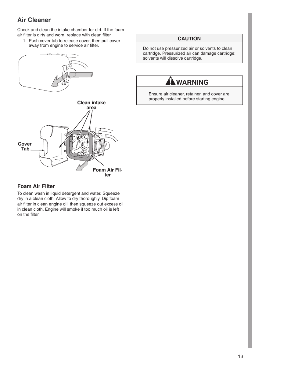 Warning, Air cleaner | Briggs & Stratton 21000 User Manual | Page 13 / 20