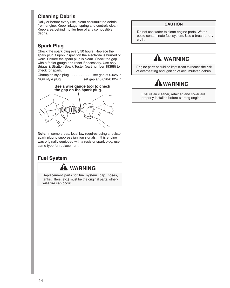 Warning, Cleaning debris, Spark plug | Fuel system | Briggs & Stratton 21000 User Manual | Page 14 / 20