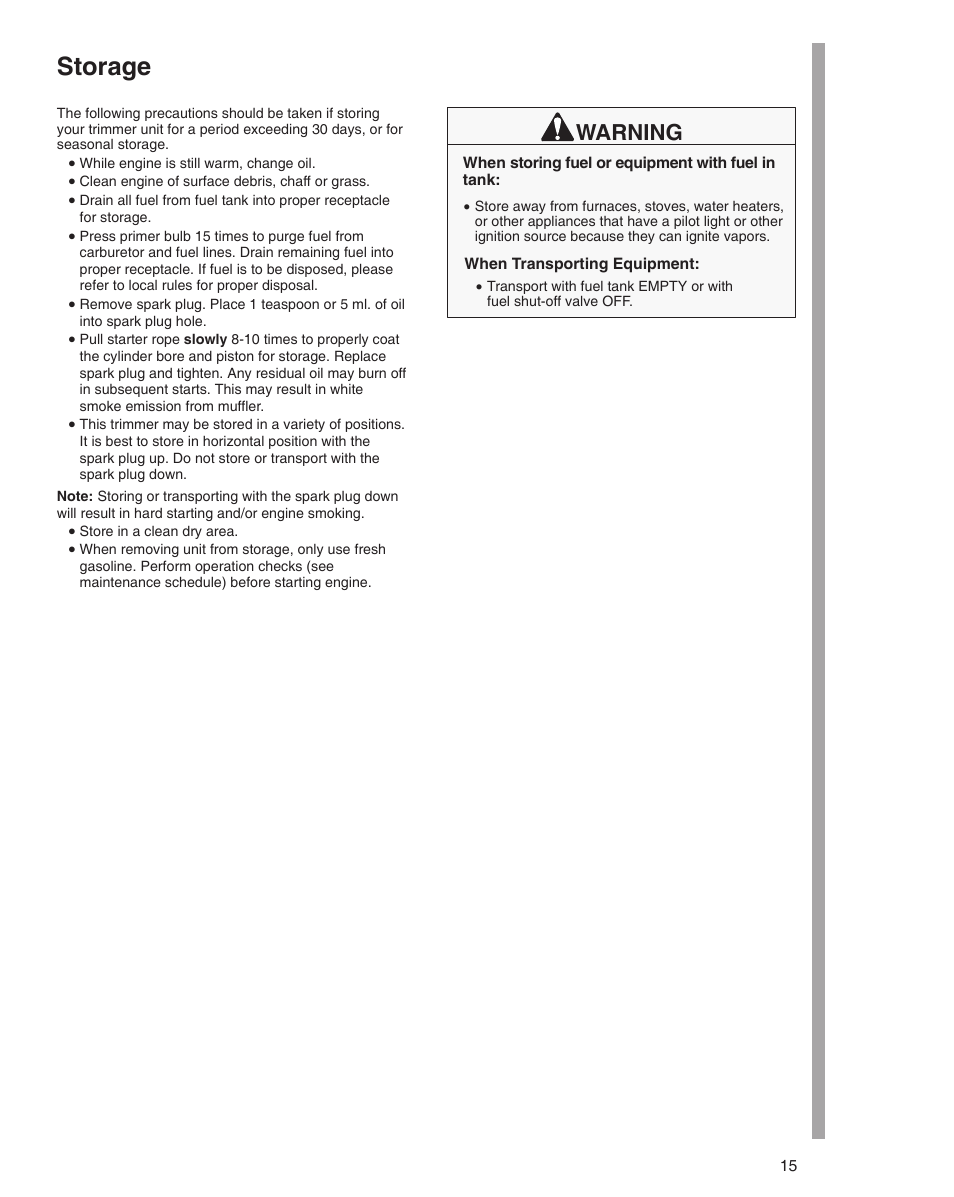 Storage, Warning | Briggs & Stratton 21000 User Manual | Page 15 / 20