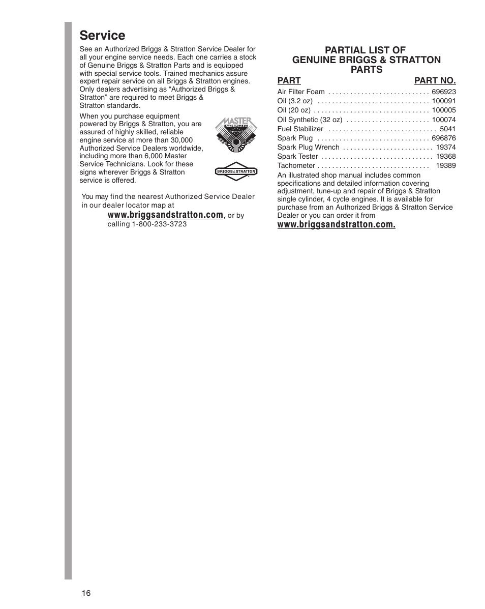 Service | Briggs & Stratton 21000 User Manual | Page 16 / 20
