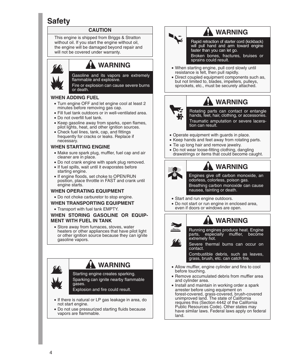 Safety, Warning | Briggs & Stratton 21000 User Manual | Page 4 / 20
