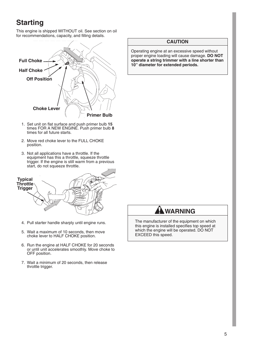Starting, Warning | Briggs & Stratton 21000 User Manual | Page 5 / 20