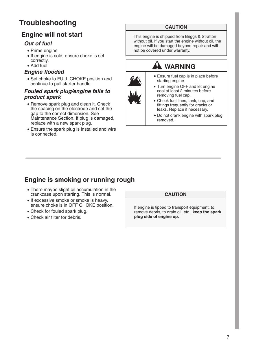 Troubleshooting, Warning | Briggs & Stratton 21000 User Manual | Page 7 / 20