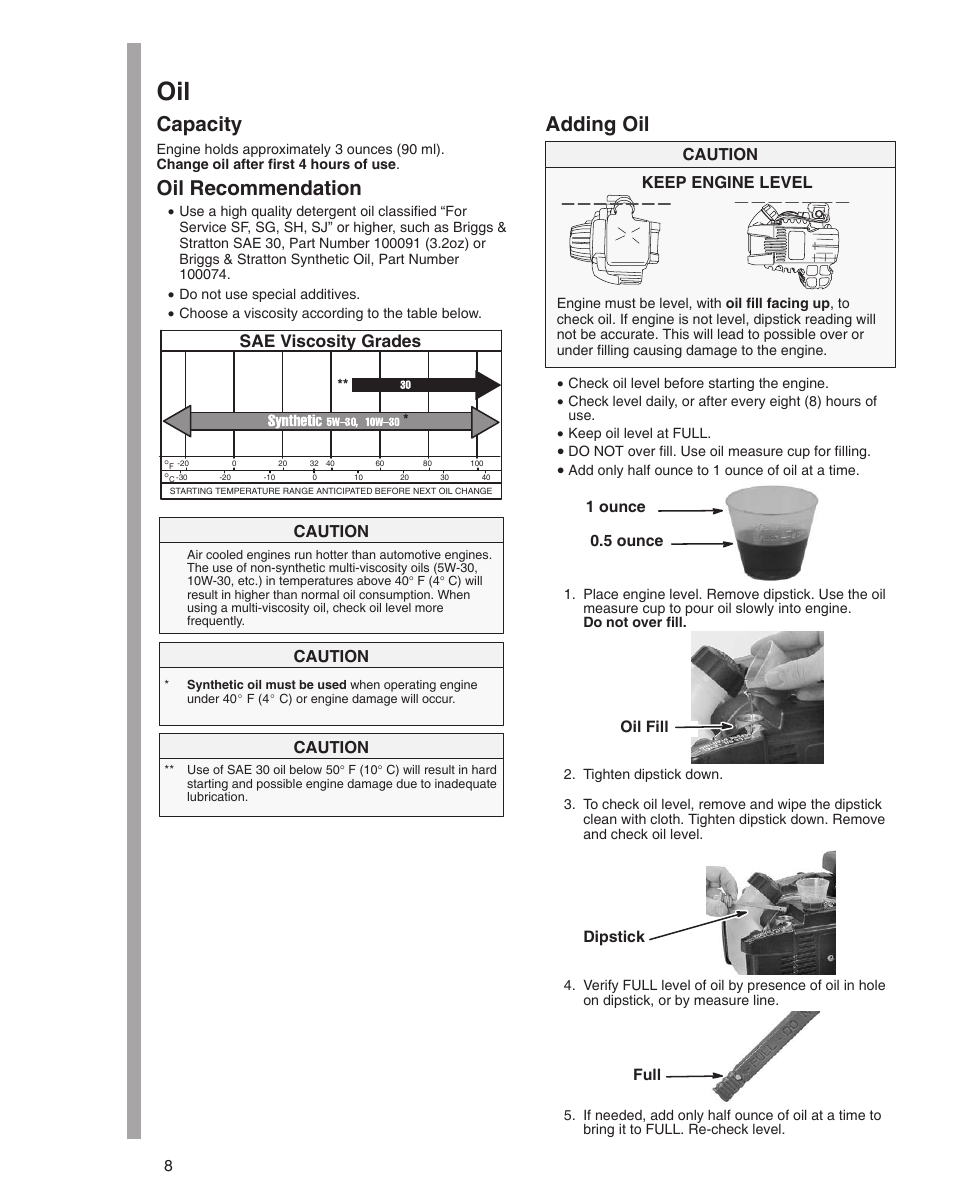 Capacity, Oil recommendation, Adding oil | Sae viscosity grades | Briggs & Stratton 21000 User Manual | Page 8 / 20