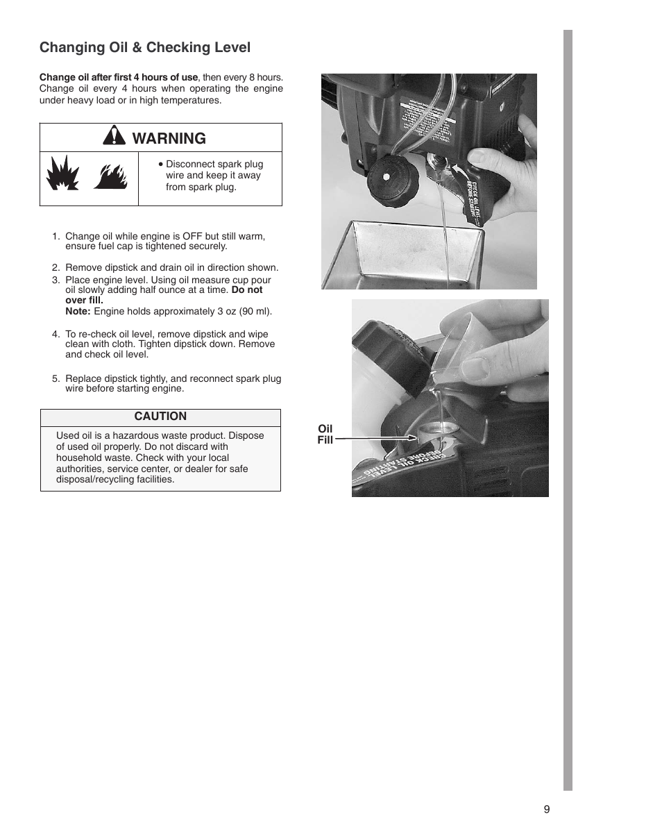 Warning, Changing oil & checking level | Briggs & Stratton 21000 User Manual | Page 9 / 20