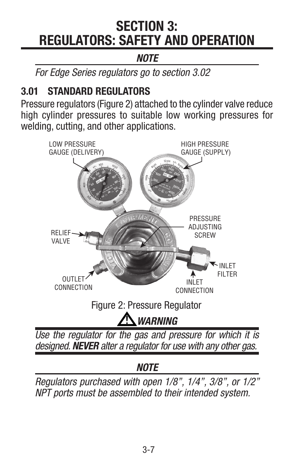 Section 3: regulators: safety and operation, 01 standard regulators, Section 3: regulators: safety and operation -7 | Standard regulators -7 | Tweco Single & Two Stage Regulators User Manual | Page 11 / 68