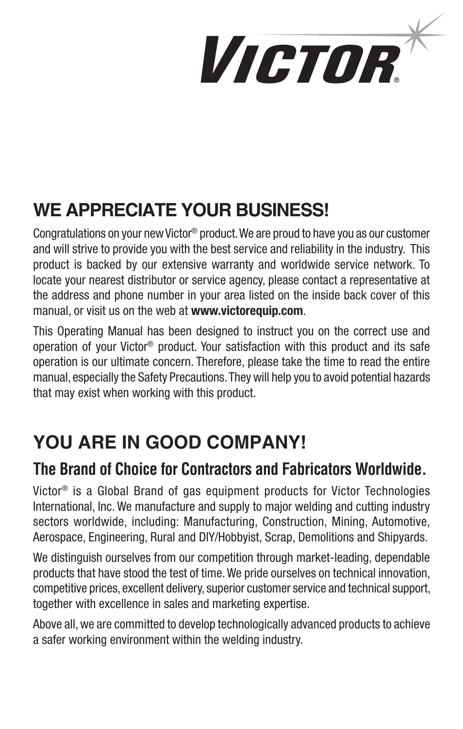We appreciate your business, You are in good company | Tweco Single & Two Stage Regulators User Manual | Page 2 / 68