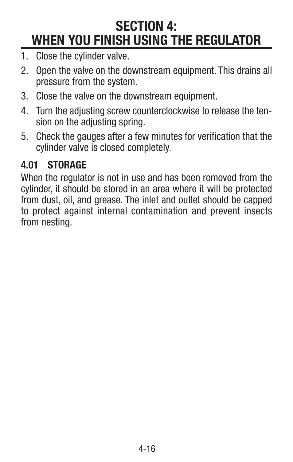 Section 4: when you finish using the regulator, 01 storage | Tweco Single & Two Stage Regulators User Manual | Page 20 / 68