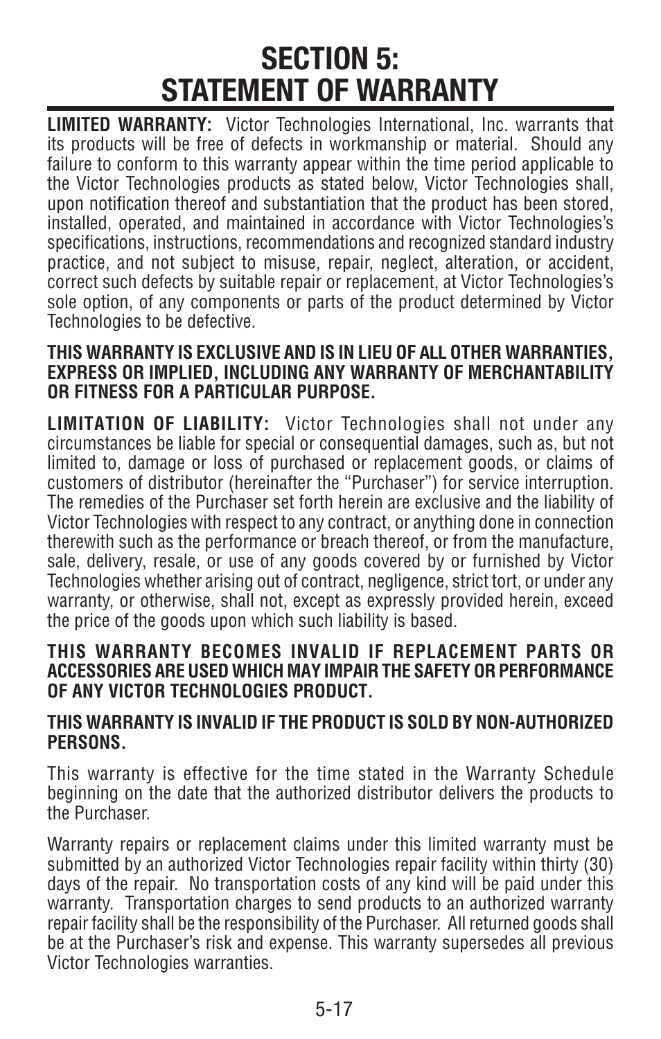 Section 5: statement of warranty, Section 5: statement of warranty -17 | Tweco Single & Two Stage Regulators User Manual | Page 21 / 68