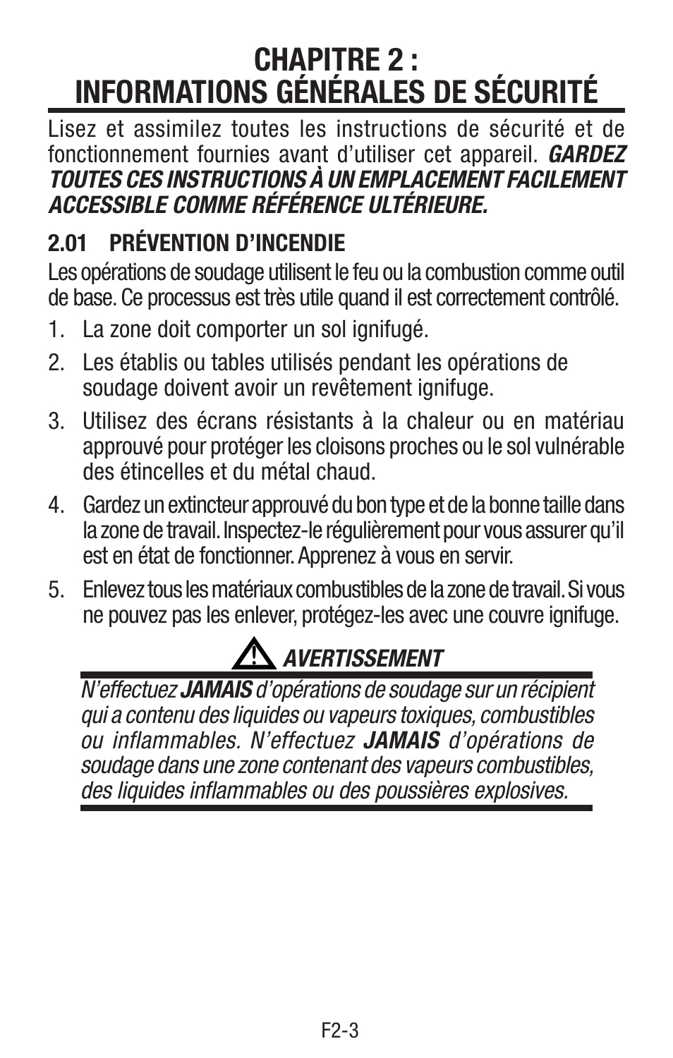 Chapitre 2: informations générales de sécurité, 01 prévention d’incendie, Chapitre 2 : informations générales de | Chapitre 2 : informations générales de sécurité | Tweco Single & Two Stage Regulators User Manual | Page 29 / 68