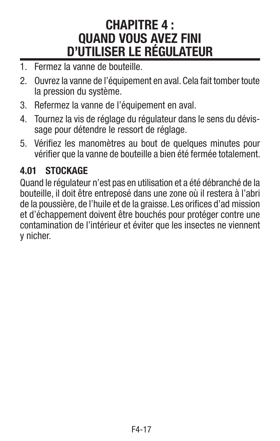 01 stockage, Chapitre 4 : quand vous avez fini d’utiliser le | Tweco Single & Two Stage Regulators User Manual | Page 43 / 68